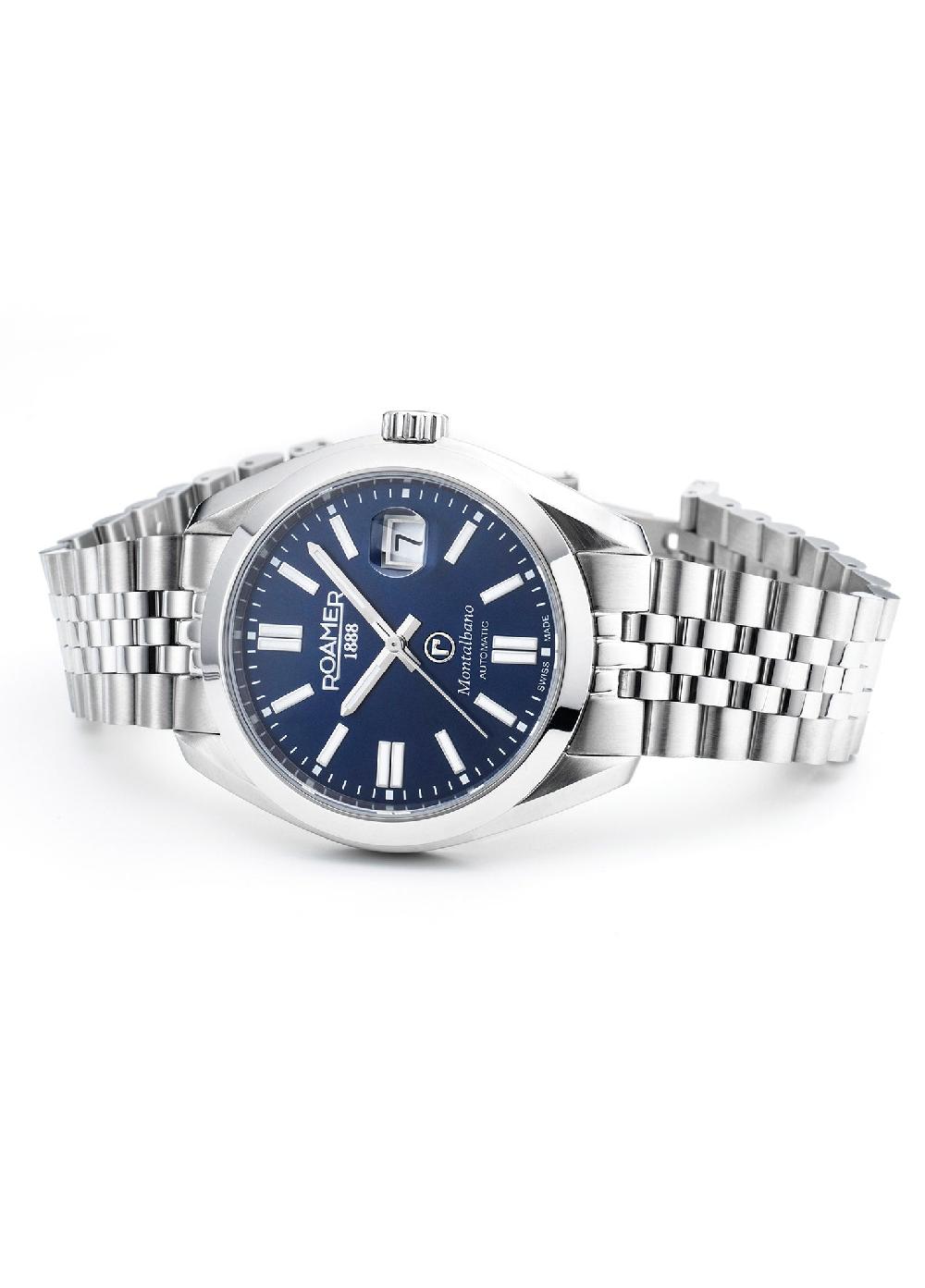 Roamer Montalbano Gents 41.5 Mm Automatic Three-Hand Date Blue Sunray Dial Silver Bracelet Sapphire Glass Stainless Steel Swiss Watch