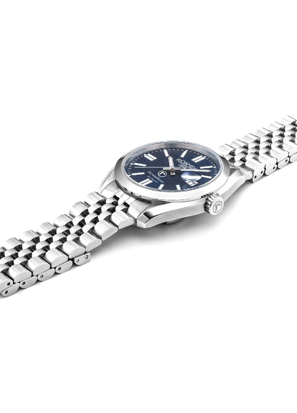 Roamer Montalbano Gents 41.5 Mm Automatic Three-Hand Date Blue Sunray Dial Silver Bracelet Sapphire Glass Stainless Steel Swiss Watch