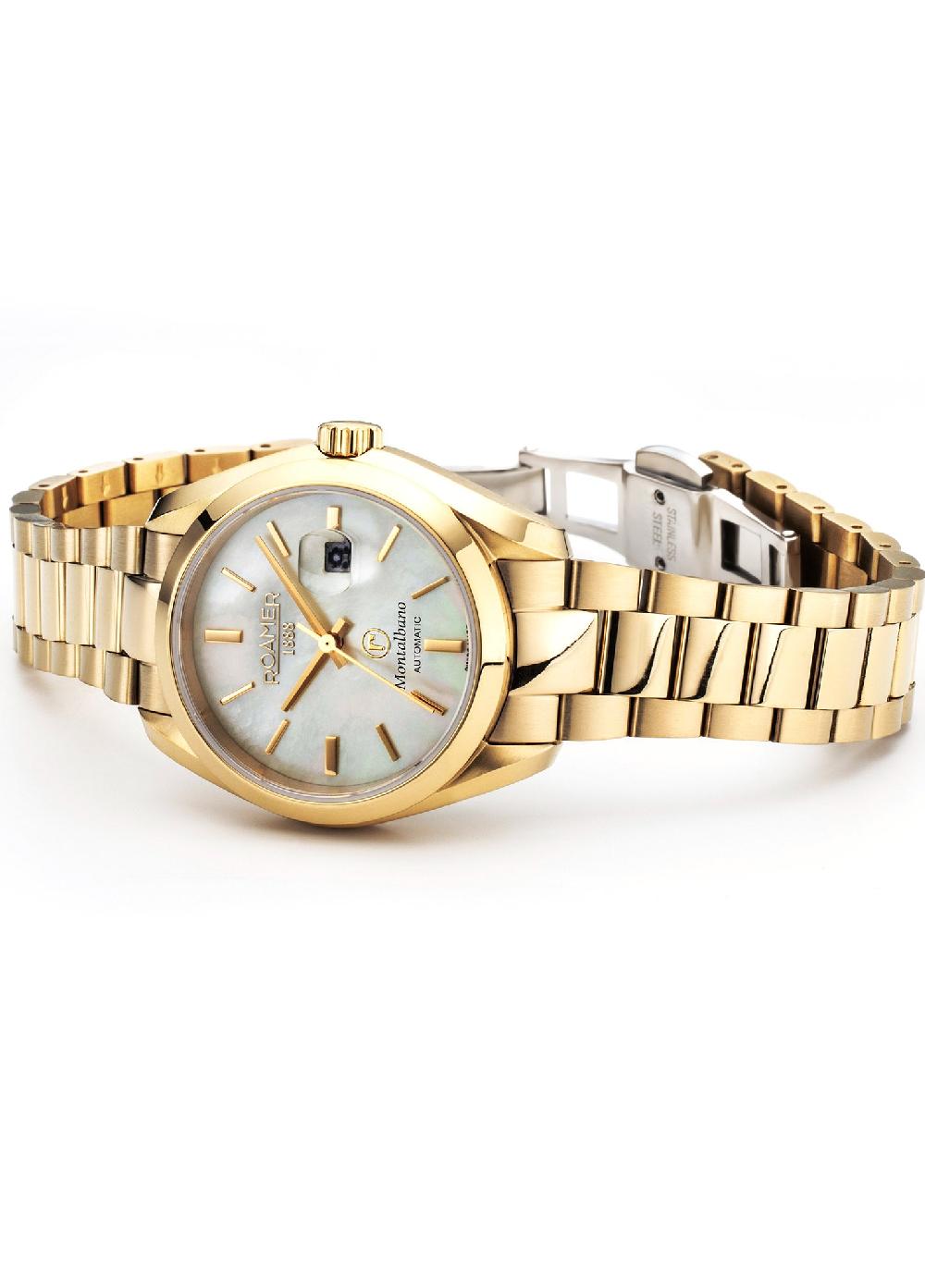 Roamer Montalbano Ladies 31mm Automatic Three-Hand Date Gold Bracelet Sapphire Glass Stainless Steel Swiss Watch