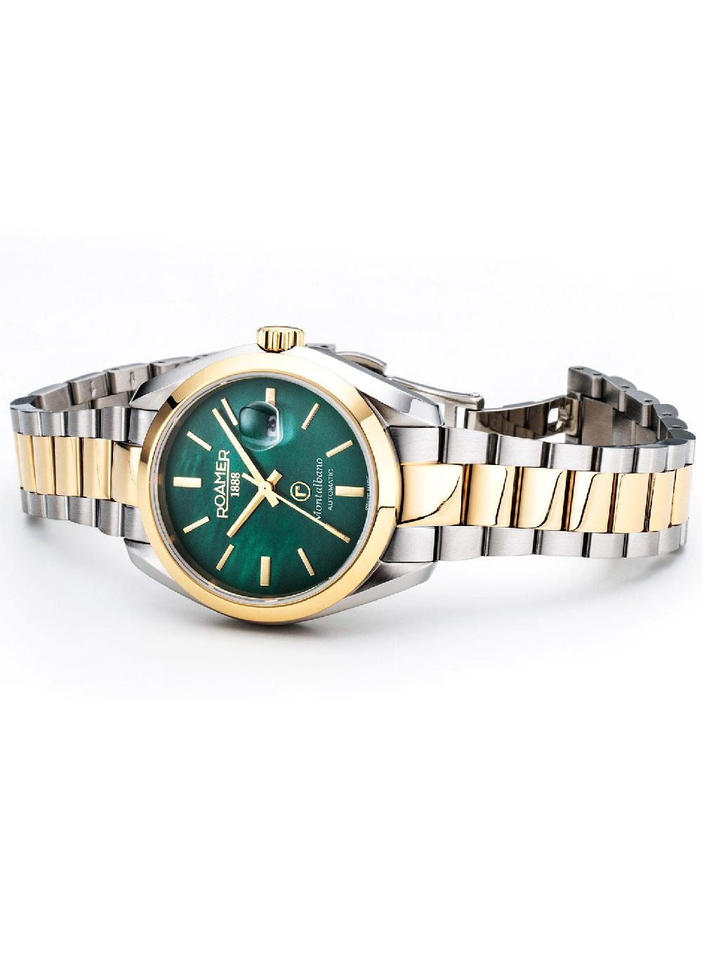 Roamer Montalbano Ladies 31mm Automatic Three-Hand Date Green Mop Dial Two-Tone Bracelet Sapphire Glass Stainless Steel Swiss Watch