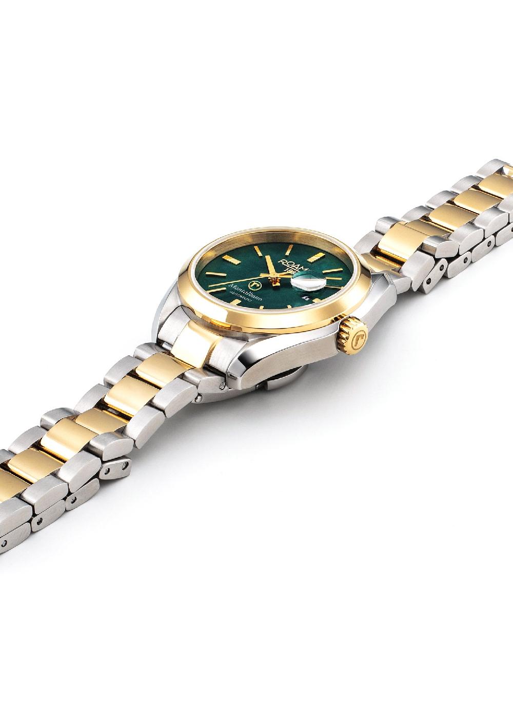 Roamer Montalbano Ladies 31mm Automatic Three-Hand Date Green Mop Dial Two-Tone Bracelet Sapphire Glass Stainless Steel Swiss Watch