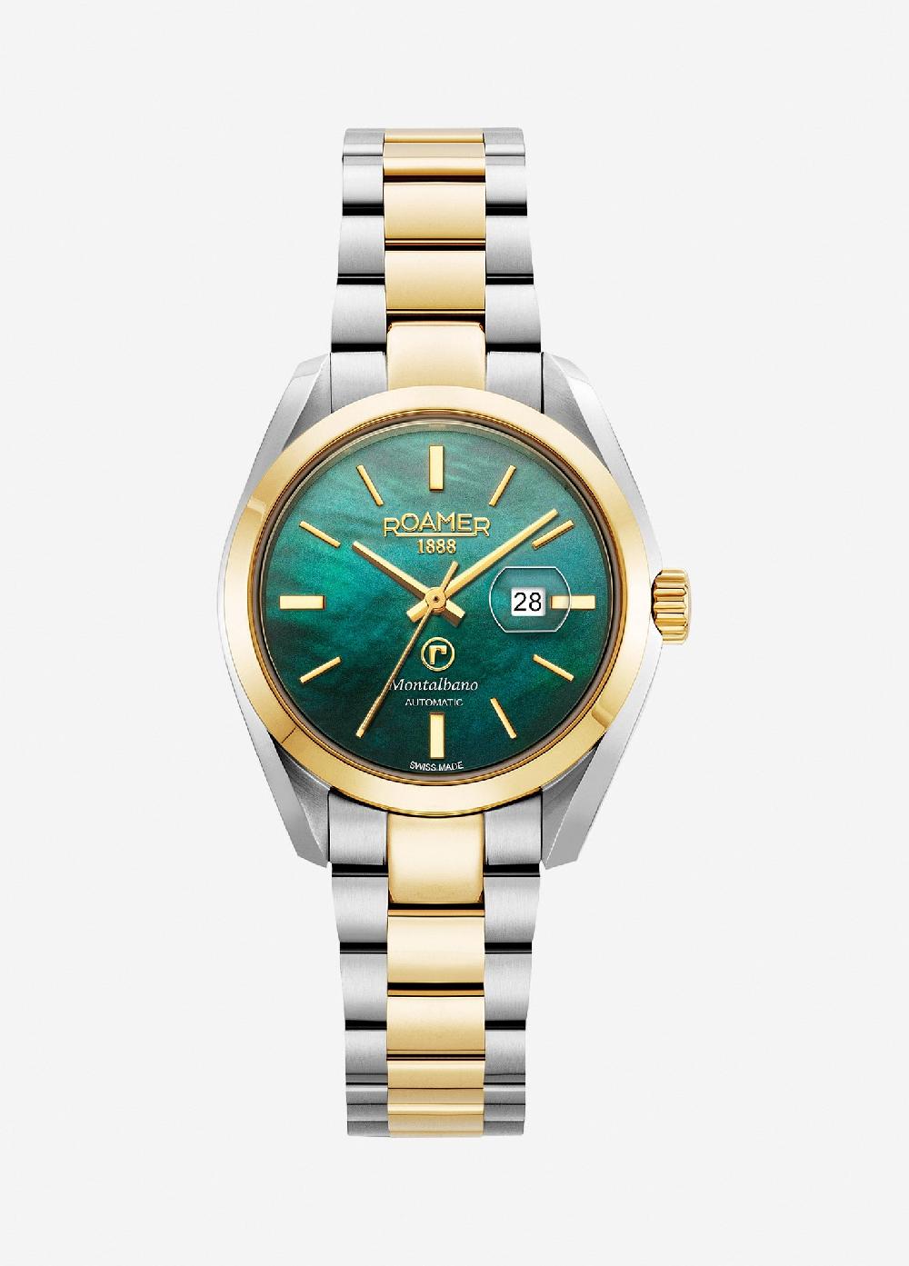 roamer Montalbano Ladies 31mm Automatic Three-Hand Date Green Mop Dial Two-Tone Bracelet Sapphire glass Stainless Steel swiss watch