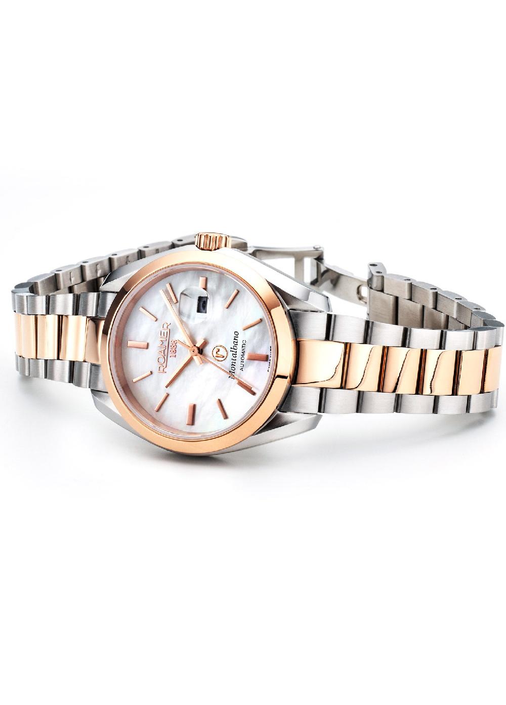 Roamer Montalbano Ladies 31mm Automatic Three-Hand Date White Mop Dial Two-Tone Bracelet Sapphire Glass Stainless Steel Swiss Watch