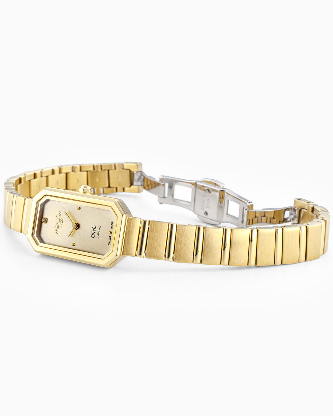 Roamer Olivia Diamond 18x29 Mm Quartz Two-Hand Silver Dial Gold Bracelet Sapphire Glass Stainless Steel Swiss Watch