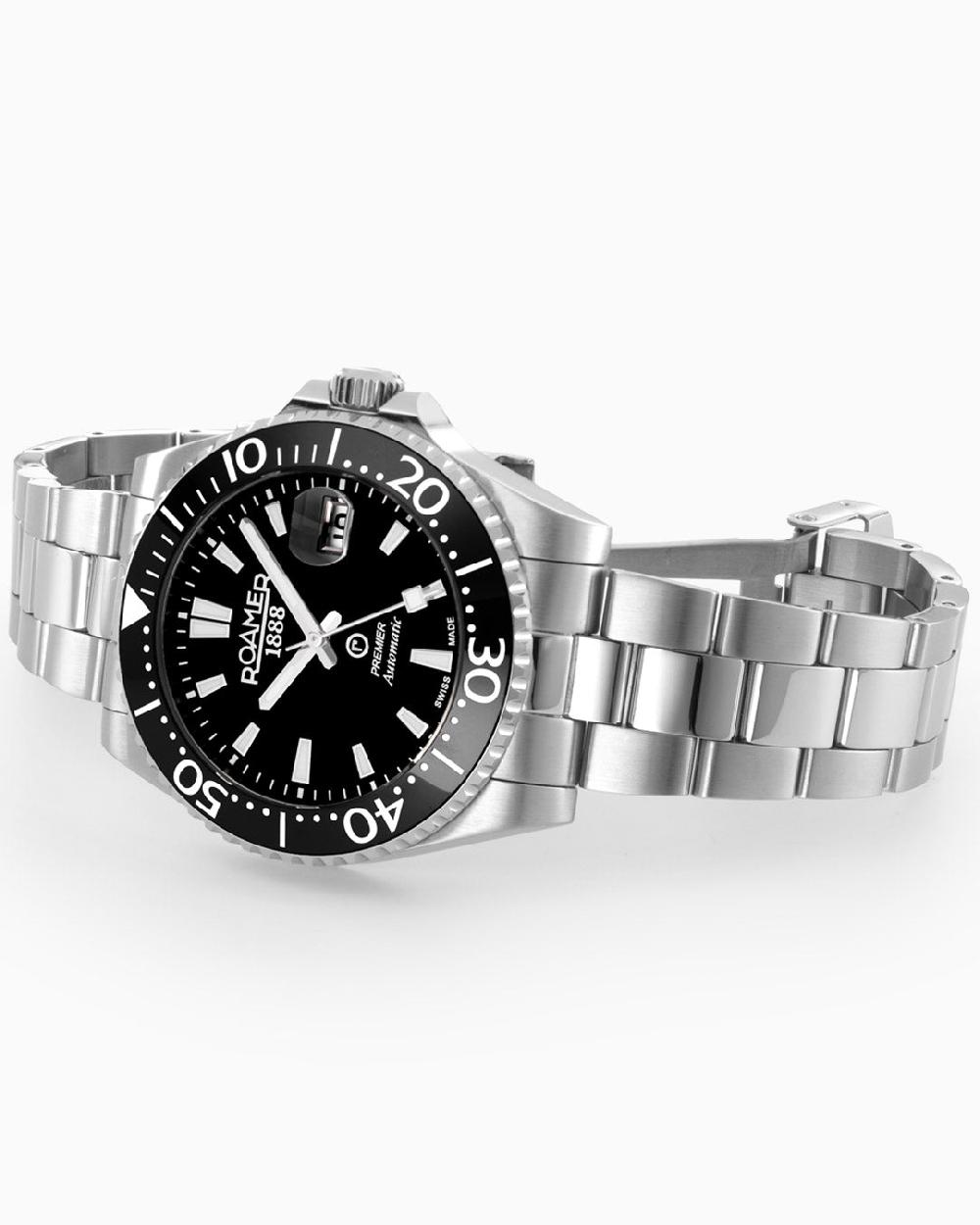 Roamer Premier 42 Mm Automatic Three-Hand Date Black Sunray Dial Silver Bracelet Sapphire Glass Stainless Steel Swiss Watch