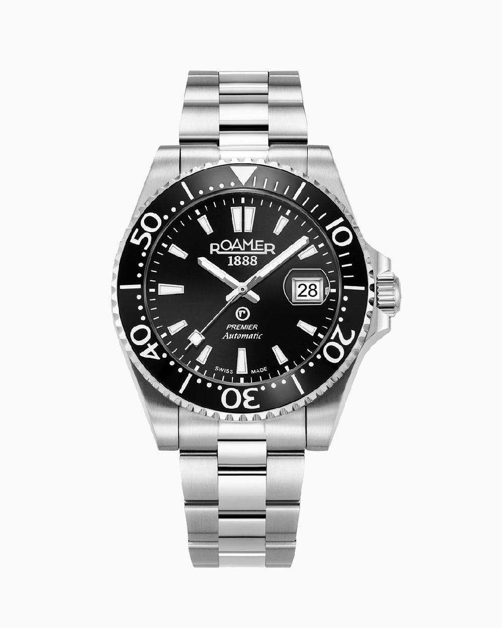 roamer Premier 42 mm Automatic Three-Hand Date Black Sunray Dial Silver Bracelet Sapphire glass Stainless Steel swiss watch