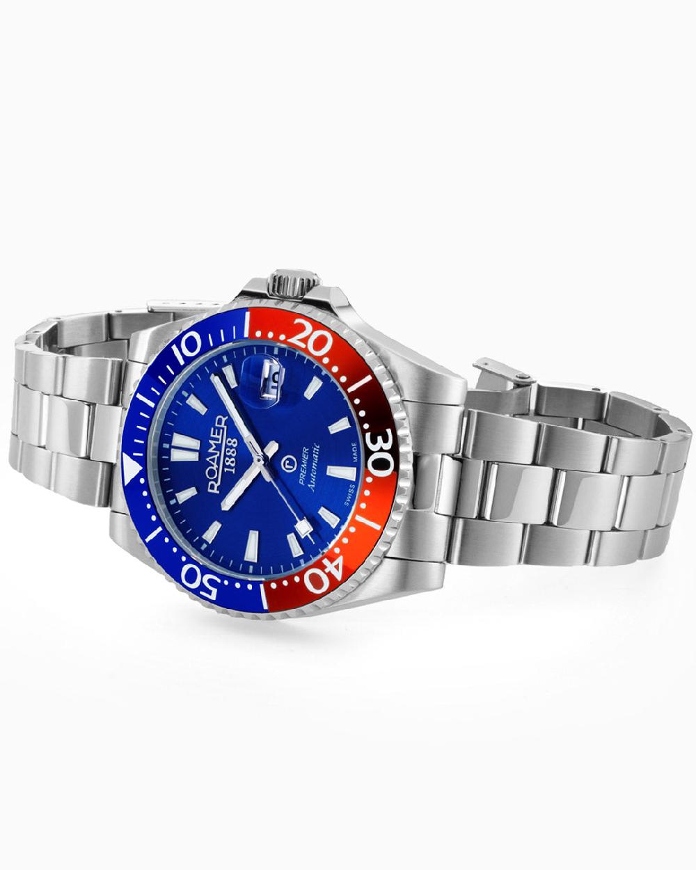 Roamer Premier 42 Mm Automatic Three-Hand Date Blue Sunray Dial Silver Bracelet Sapphire Glass Stainless Steel Swiss Watch