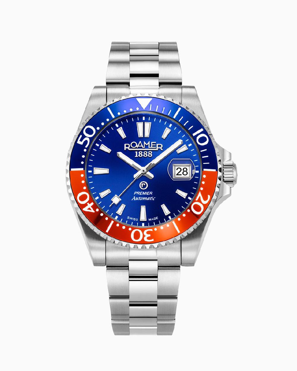 roamer Premier 42 mm Automatic Three-Hand Date Blue Sunray Dial Silver Bracelet Sapphire glass Stainless Steel swiss watch