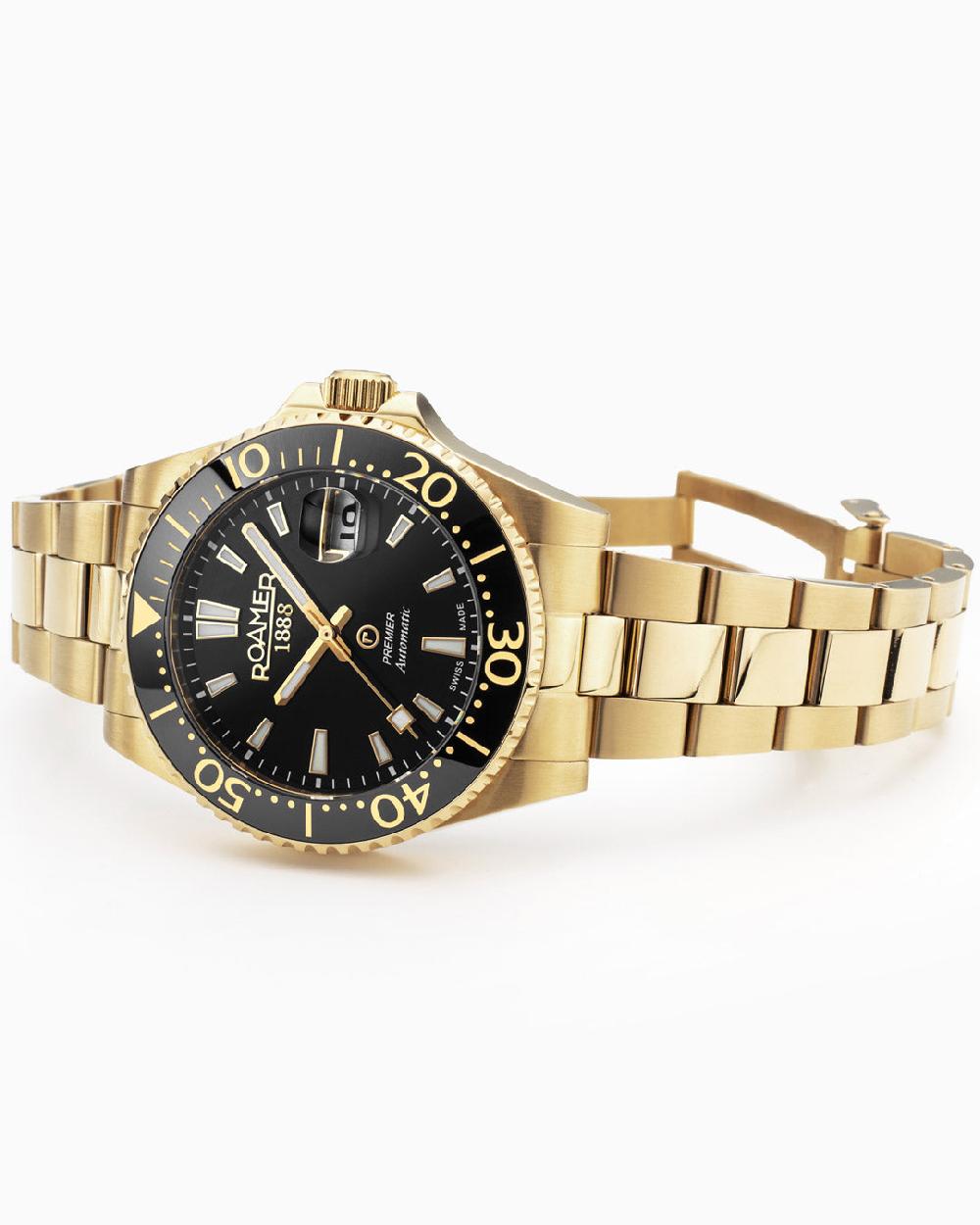 Roamer Premier 42 Mm Automatic Three-Hand Date Gold Bracelet Sapphire Glass Stainless Steel Swiss Watch