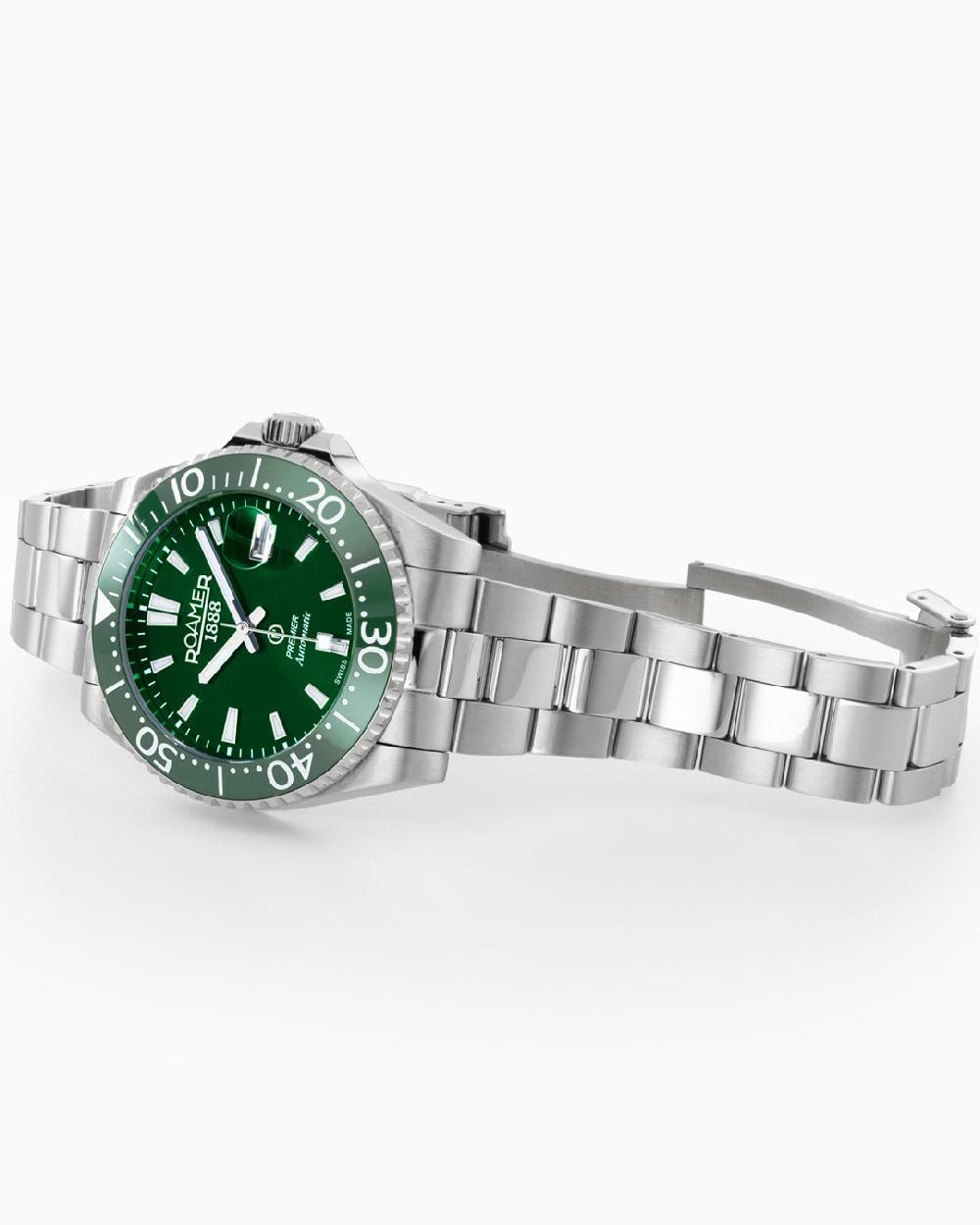 Roamer Premier 42 Mm Automatic Three-Hand Date Green Sunray Dial Silver Bracelet Sapphire Glass Stainless Steel Swiss Watch