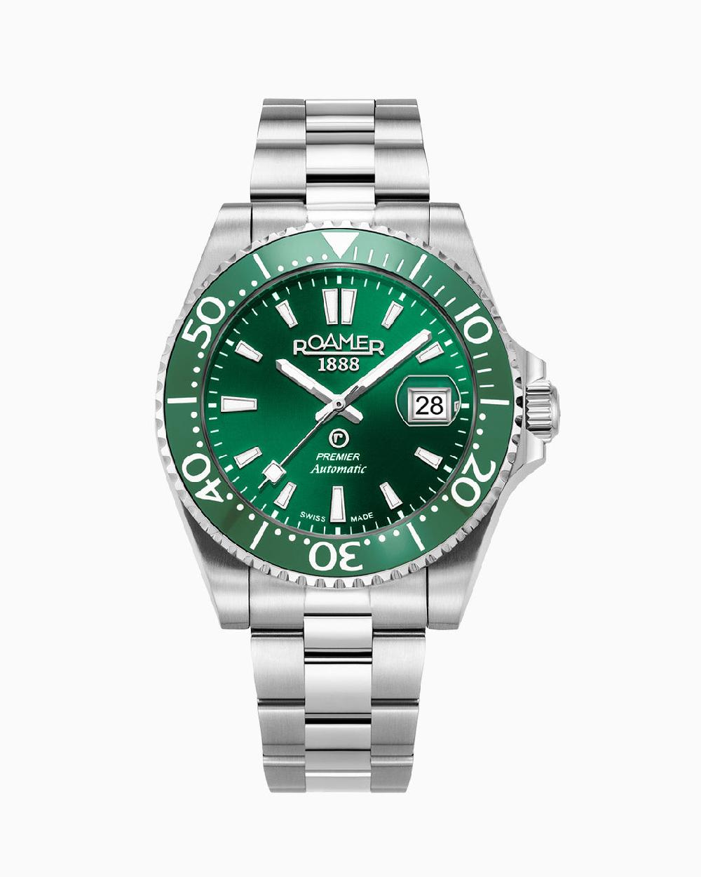 roamer Premier 42 mm Automatic Three-Hand Date Green Sunray Dial Silver Bracelet Sapphire glass Stainless Steel swiss watch