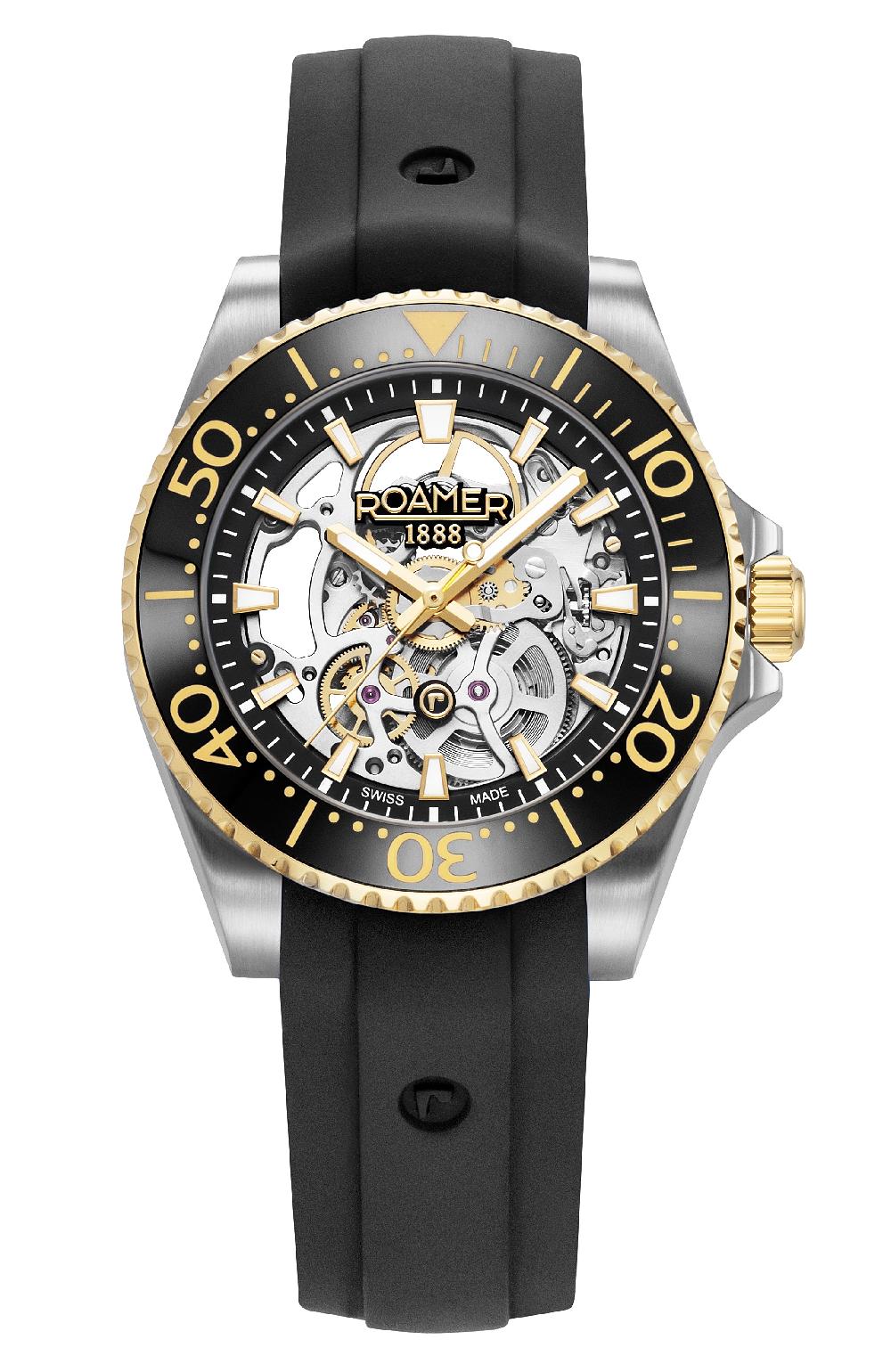 Roamer Premier Skeleton 42 Mm Automatic Three-Hand Black Dial Two-Tone Bracelet Sapphire Glass Stainless Steel Swiss Watch