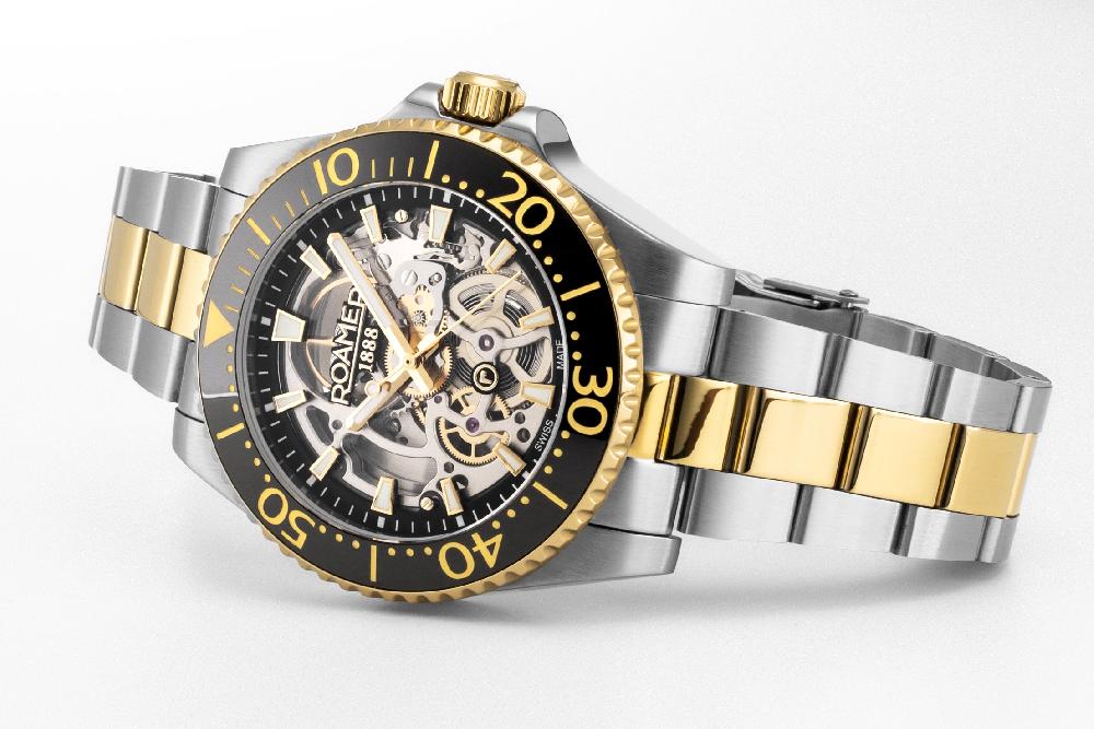 Roamer Premier Skeleton 42 Mm Automatic Three-Hand Black Dial Two-Tone Bracelet Sapphire Glass Stainless Steel Swiss Watch