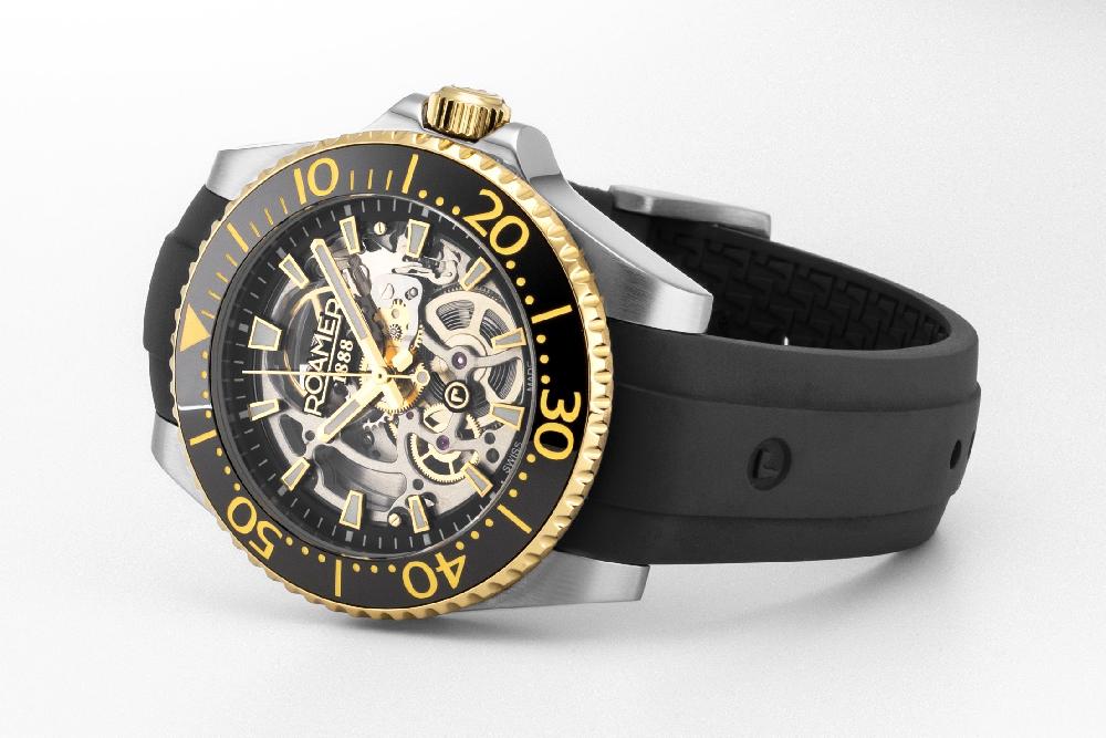 Roamer Premier Skeleton 42 Mm Automatic Three-Hand Black Dial Two-Tone Bracelet Sapphire Glass Stainless Steel Swiss Watch