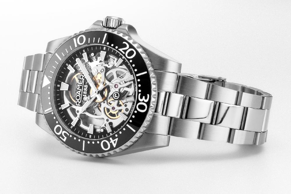 Roamer Premier Skeleton 42 Mm Automatic Three-Hand Black Dial Silver Bracelet Sapphire Glass Stainless Steel Swiss Watch