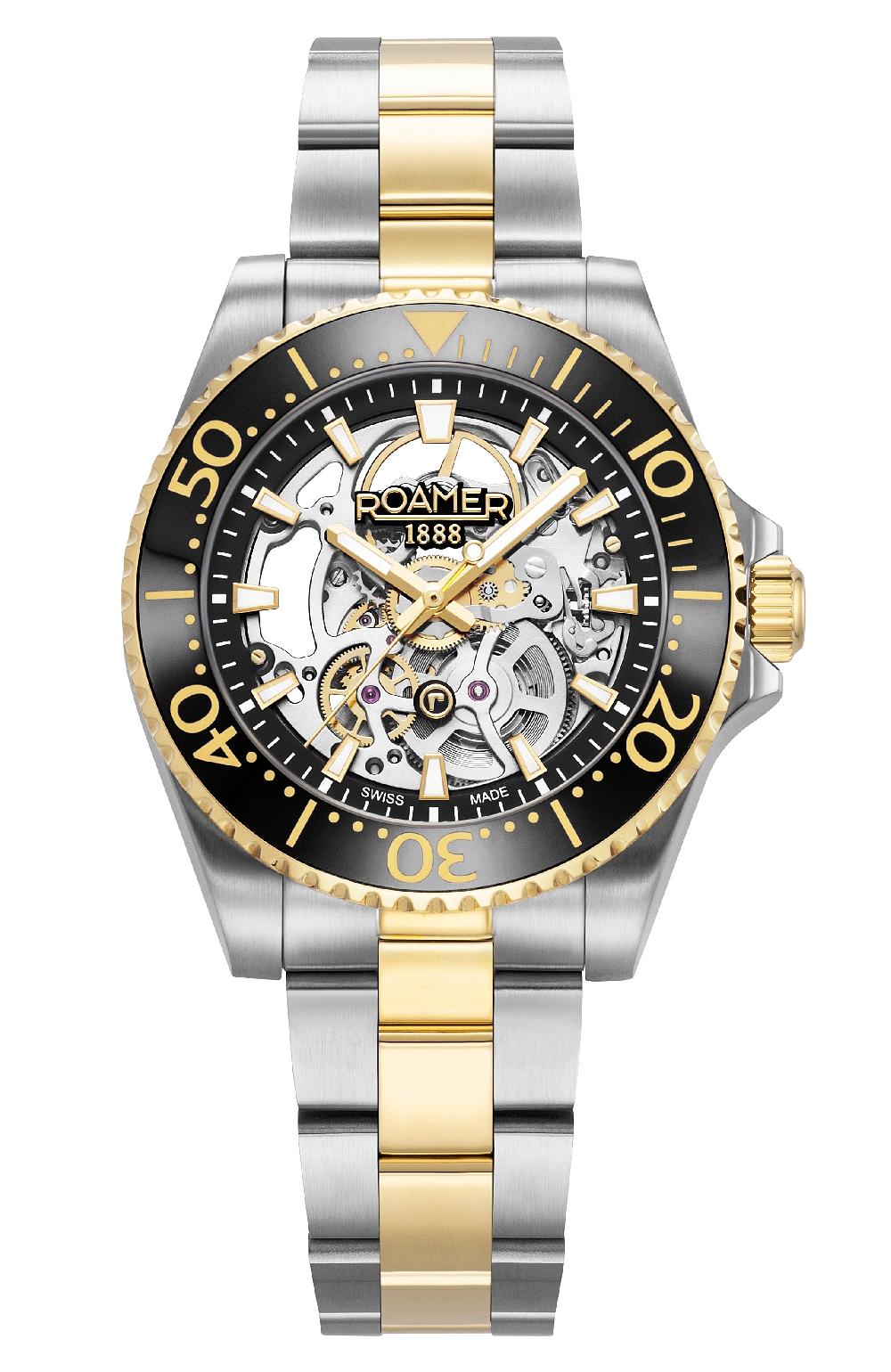 roamer Premier Skeleton 42 mm Automatic Three-Hand Black Dial Two-Tone Bracelet Sapphire glass Stainless Steel swiss watch