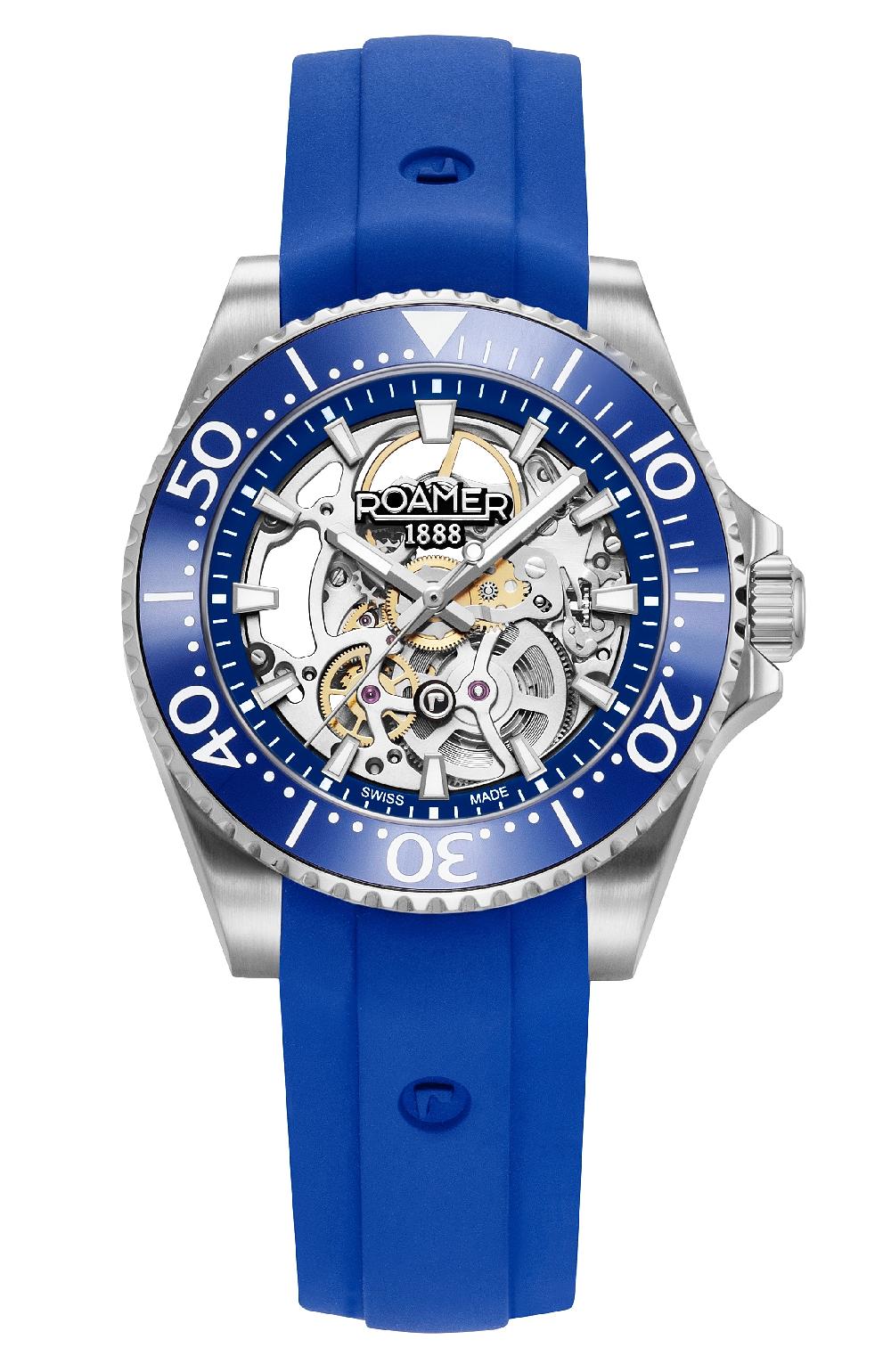 Roamer Premier Skeleton 42 Mm Automatic Three-Hand Blue Dial Silver Bracelet Sapphire Glass Stainless Steel Swiss Watch