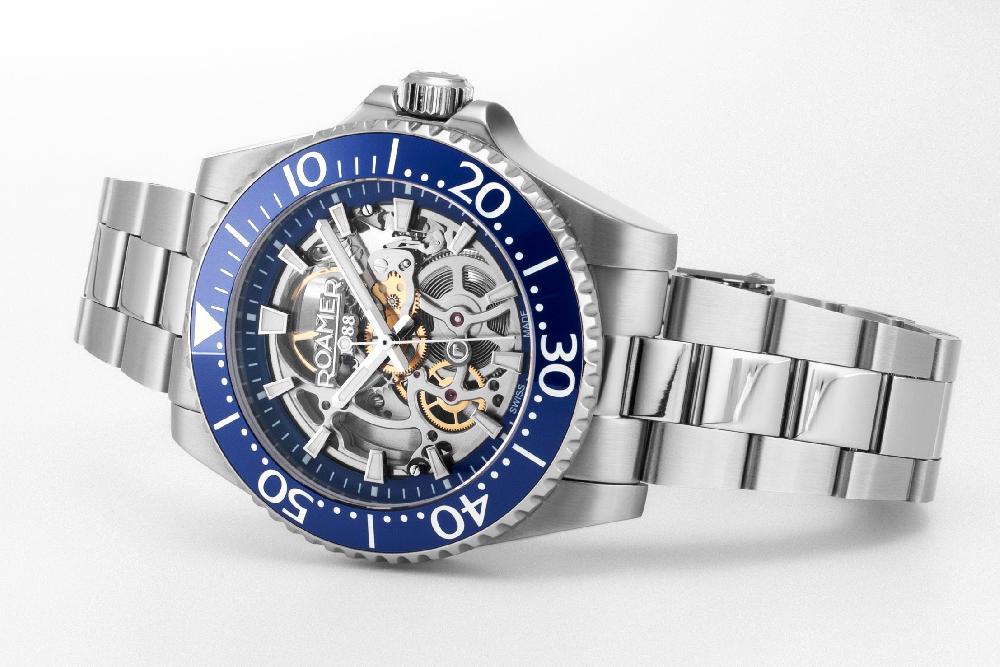 Roamer Premier Skeleton 42 Mm Automatic Three-Hand Blue Dial Silver Bracelet Sapphire Glass Stainless Steel Swiss Watch