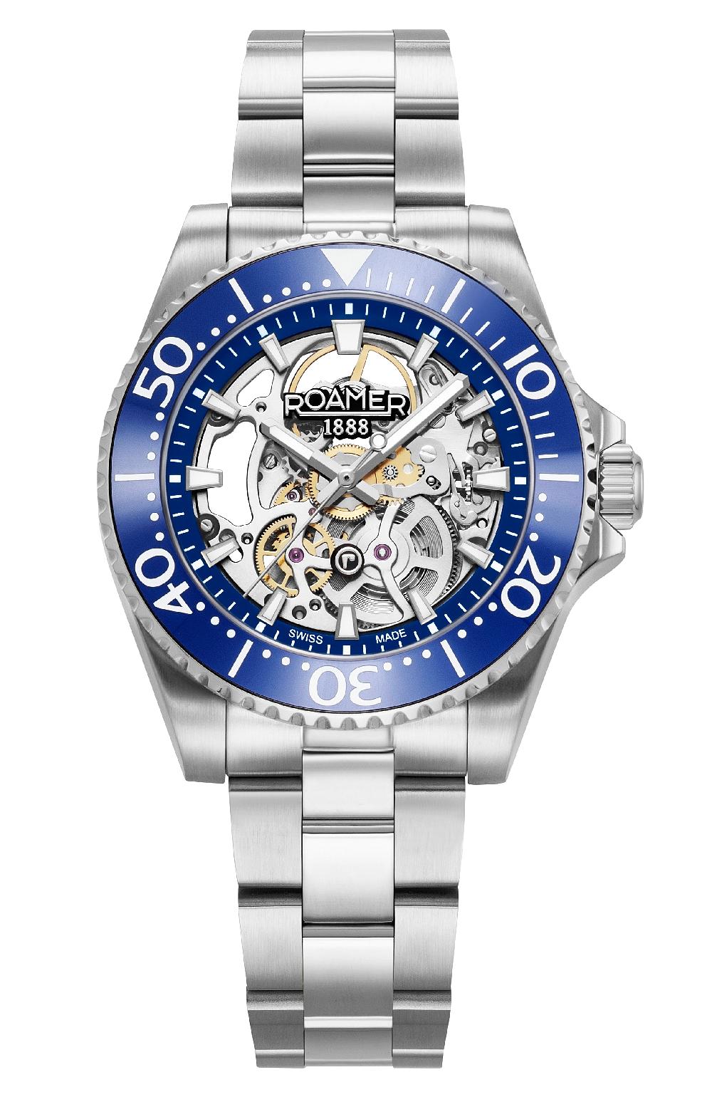 roamer Premier Skeleton 42 mm Automatic Three-Hand Blue Dial Silver Bracelet Sapphire glass Stainless Steel swiss watch