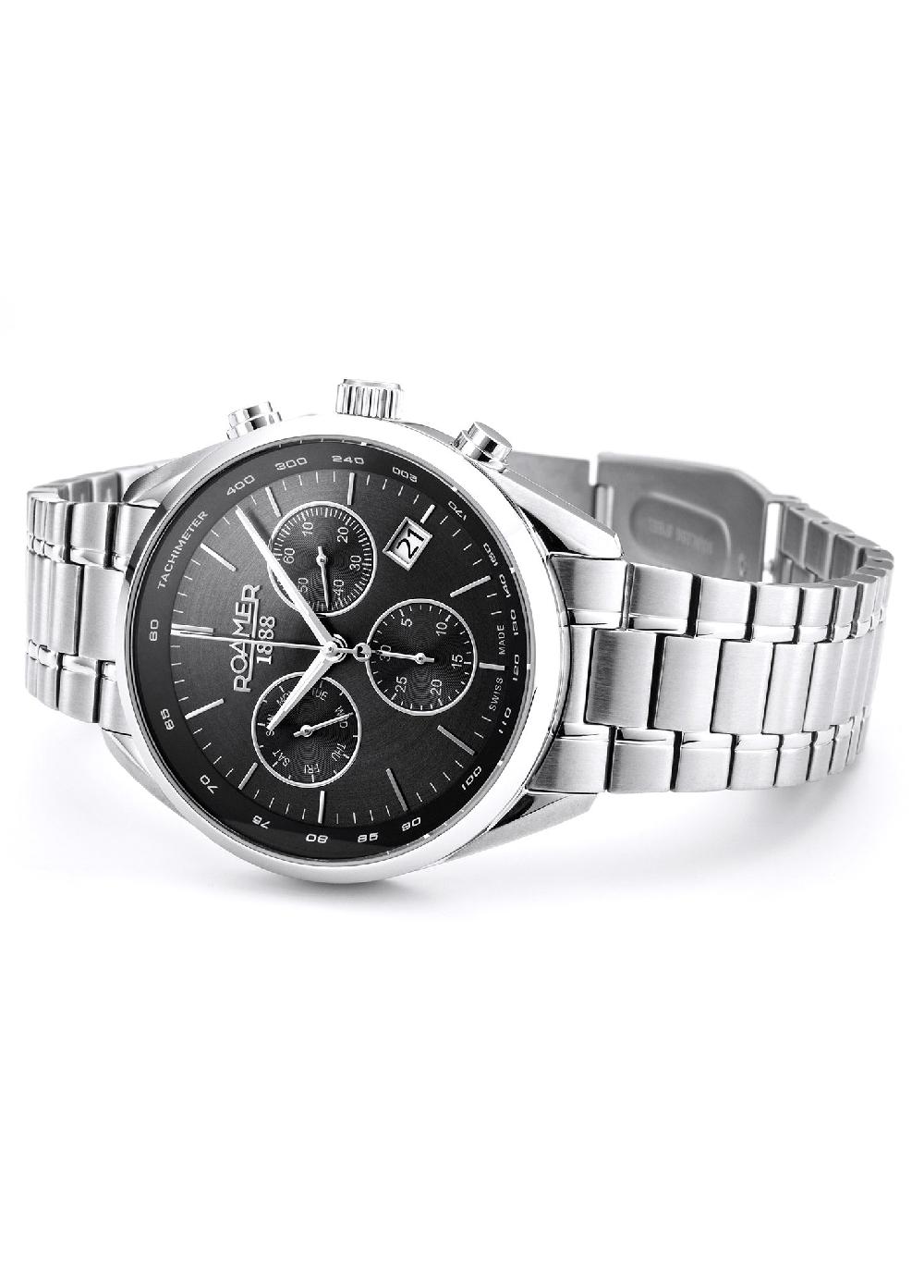 Roamer Pro Chrono 42mm Quartz Chronograph Date Black Sunray Dial Silver Bracelet Sapphire Glass Stainless Steel Swiss Watch