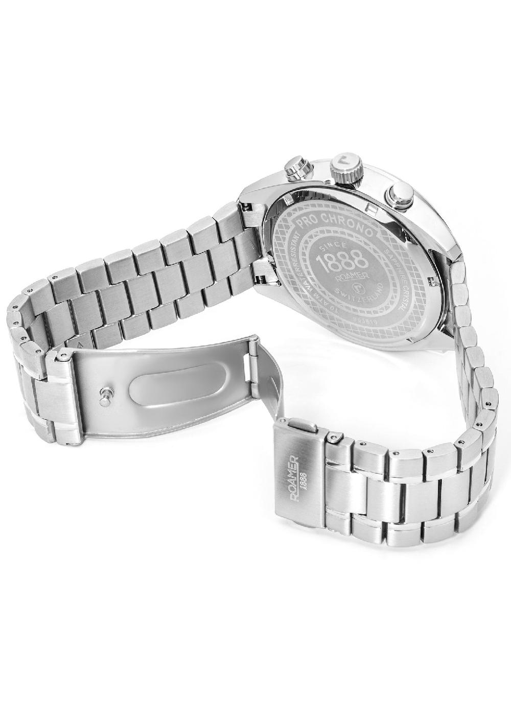 Roamer Pro Chrono 42mm Quartz Chronograph Date Black Sunray Dial Silver Bracelet Sapphire Glass Stainless Steel Swiss Watch