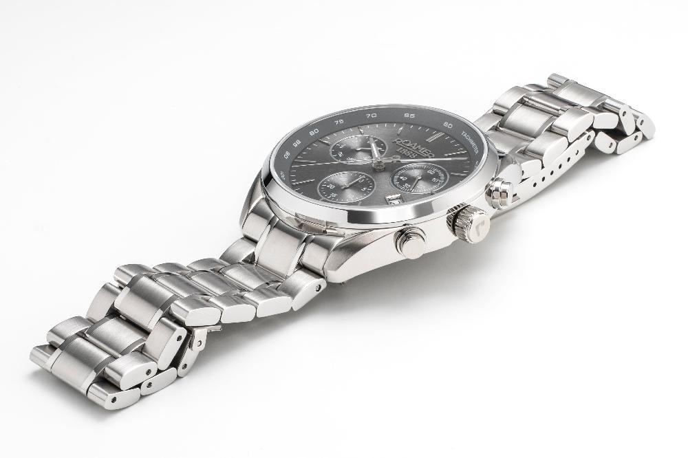 Roamer Pro Chrono 42mm Quartz Chronograph Date Black Sunray Dial Silver Bracelet Sapphire Glass Stainless Steel Swiss Watch