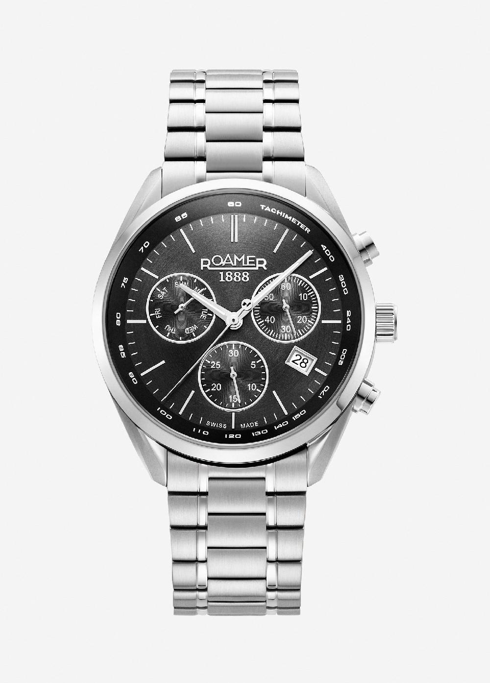 roamer Pro Chrono 42mm Quartz Chronograph Date Black Sunray Dial Silver Bracelet Sapphire glass Stainless Steel swiss watch