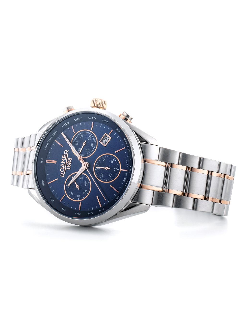 Roamer Pro Chrono 42mm Quartz Chronograph Date Blue Sunray Dial Two-Tone Bracelet Sapphire Glass Stainless Steel Swiss Watch