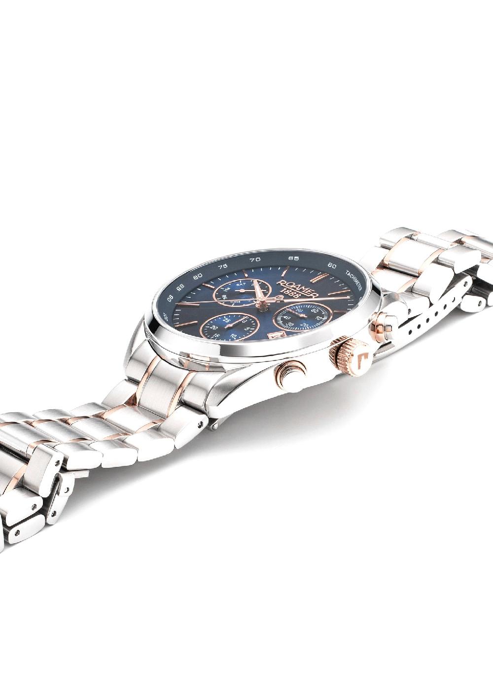 Roamer Pro Chrono 42mm Quartz Chronograph Date Blue Sunray Dial Two-Tone Bracelet Sapphire Glass Stainless Steel Swiss Watch