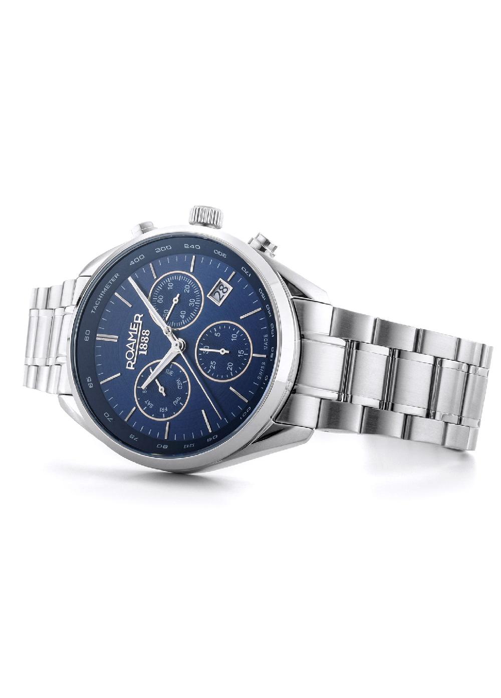 Roamer Pro Chrono 42mm Quartz Chronograph Date Blue Sunray Dial Silver Bracelet Sapphire Glass Stainless Steel Swiss Watch