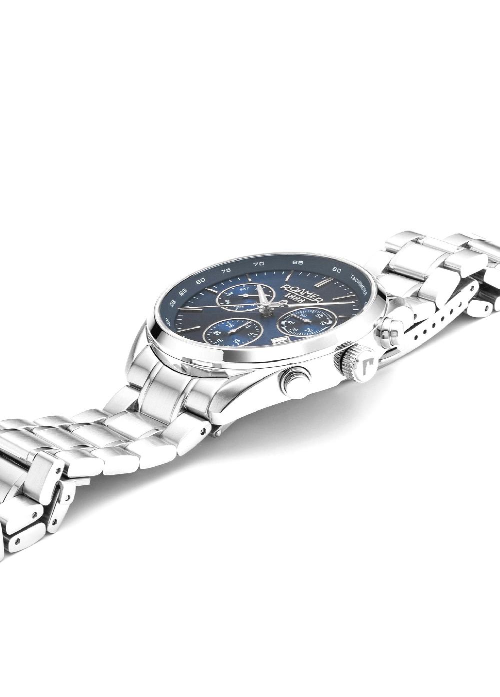 Roamer Pro Chrono 42mm Quartz Chronograph Date Blue Sunray Dial Silver Bracelet Sapphire Glass Stainless Steel Swiss Watch