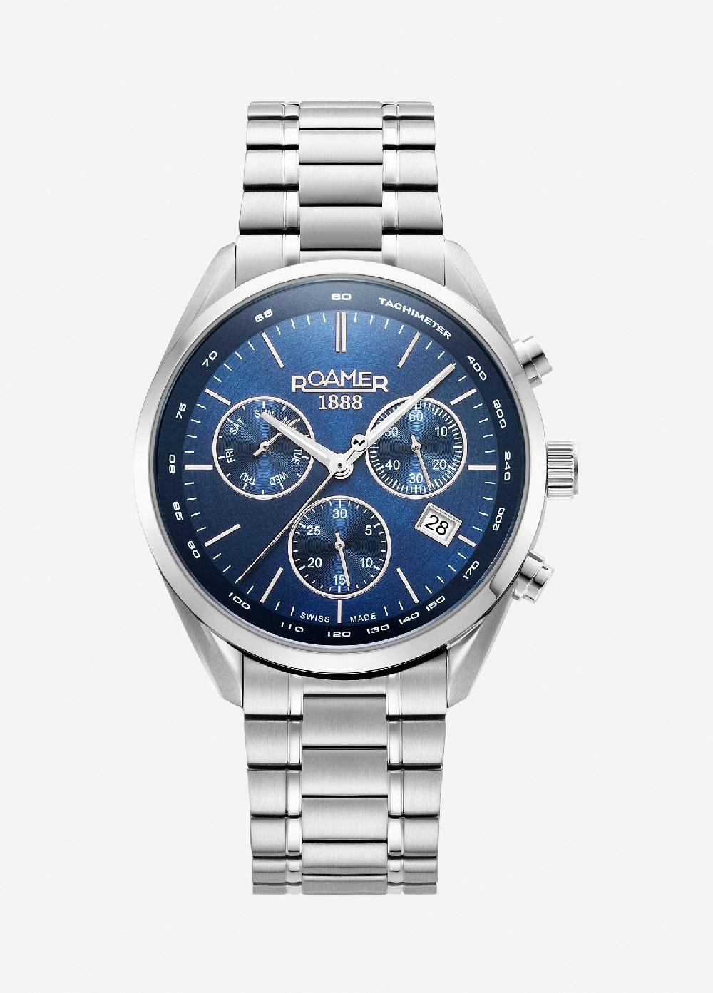 roamer Pro Chrono 42mm Quartz Chronograph Date Blue Sunray Dial Silver Bracelet Sapphire glass Stainless Steel swiss watch