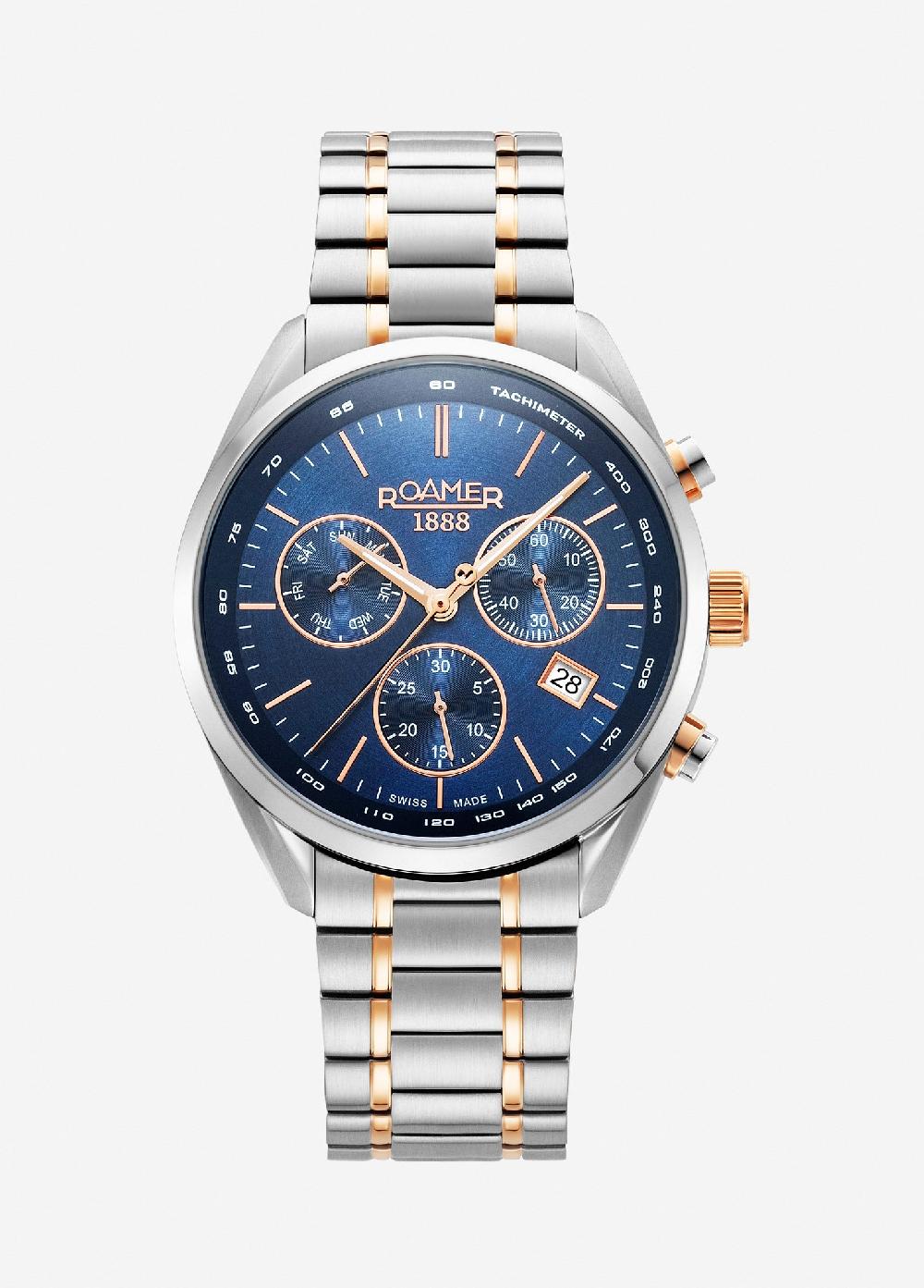 roamer Pro Chrono 42mm Quartz Chronograph Date Blue Sunray Dial Two-Tone Bracelet Sapphire glass Stainless Steel swiss watch