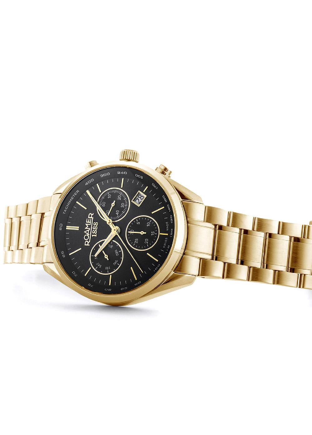 Roamer Pro Chrono 42mm Quartz Chronograph Date Gold Bracelet Sapphire Glass Stainless Steel Swiss Watch