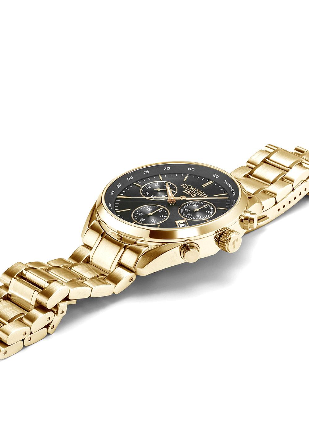 Roamer Pro Chrono 42mm Quartz Chronograph Date Gold Bracelet Sapphire Glass Stainless Steel Swiss Watch