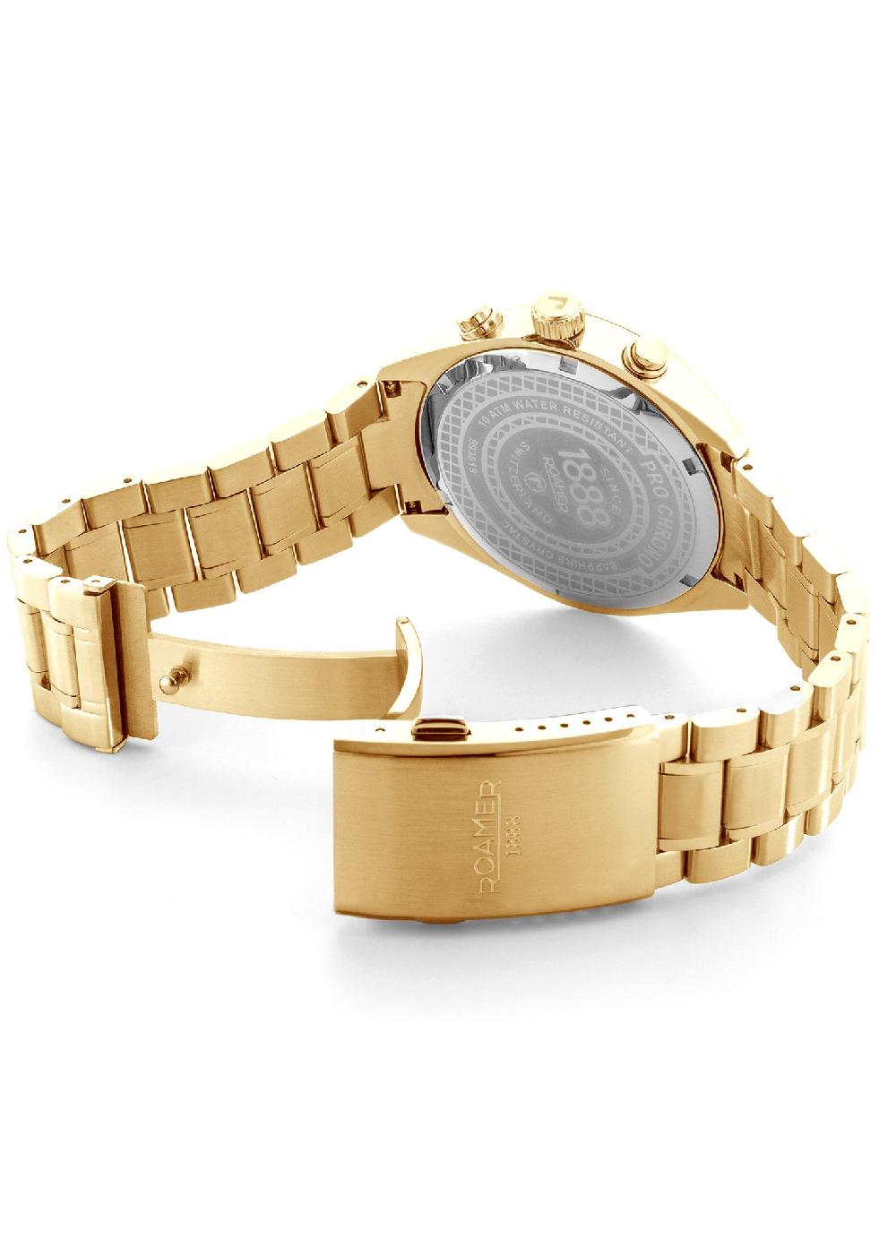 Roamer Pro Chrono 42mm Quartz Chronograph Date Gold Bracelet Sapphire Glass Stainless Steel Swiss Watch