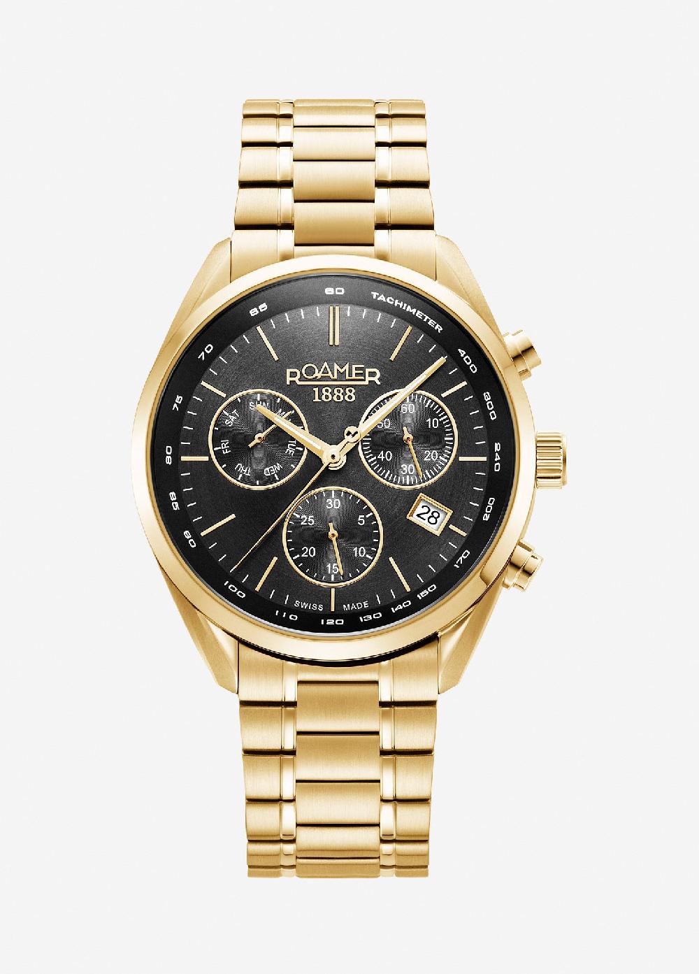 roamer Pro Chrono 42mm Quartz Chronograph Date Gold Bracelet Sapphire glass Stainless Steel swiss watch
