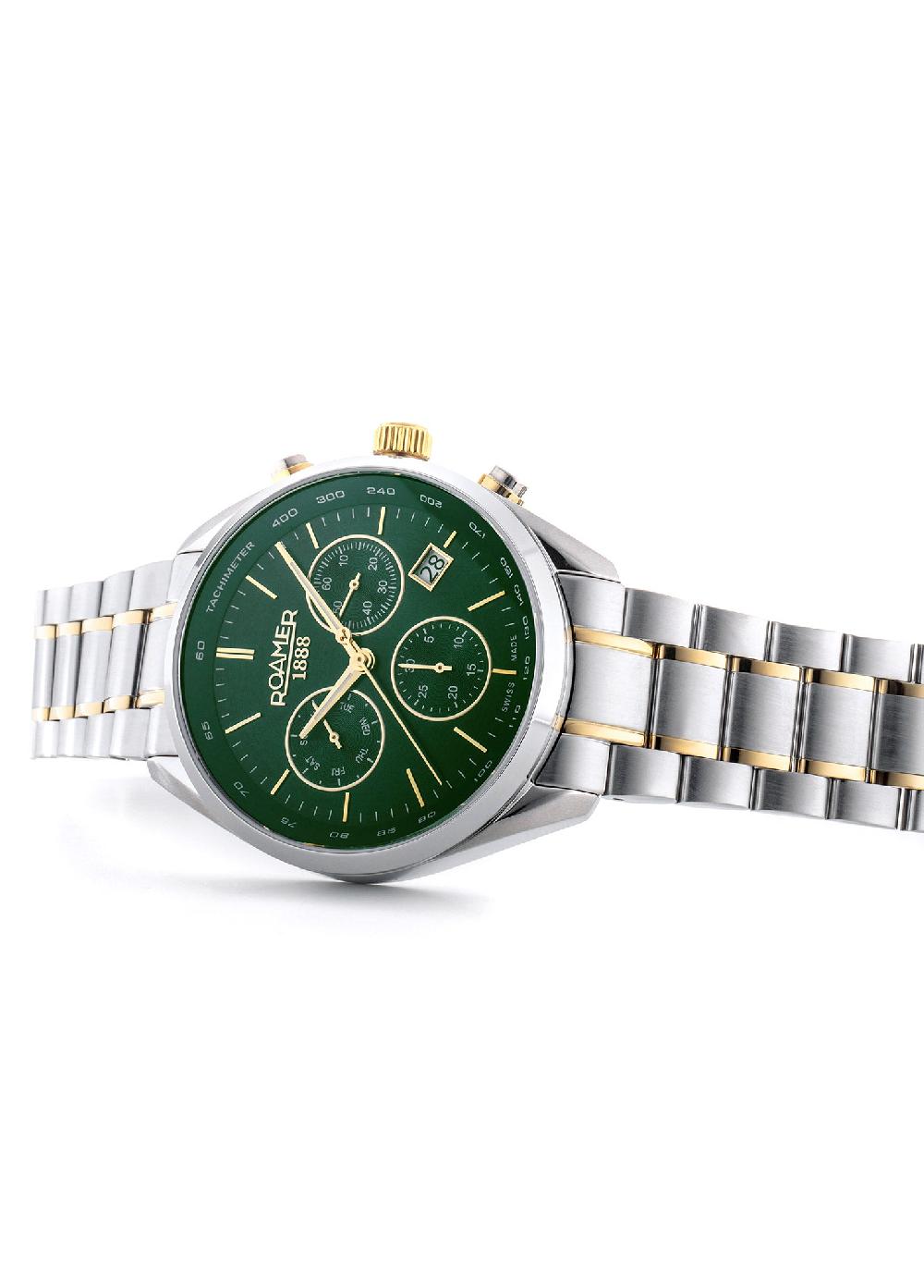 Roamer Pro Chrono 42mm Quartz Chronograph Date Green Sunray Dial Two-Tone Bracelet Sapphire Glass Stainless Steel Swiss Watch