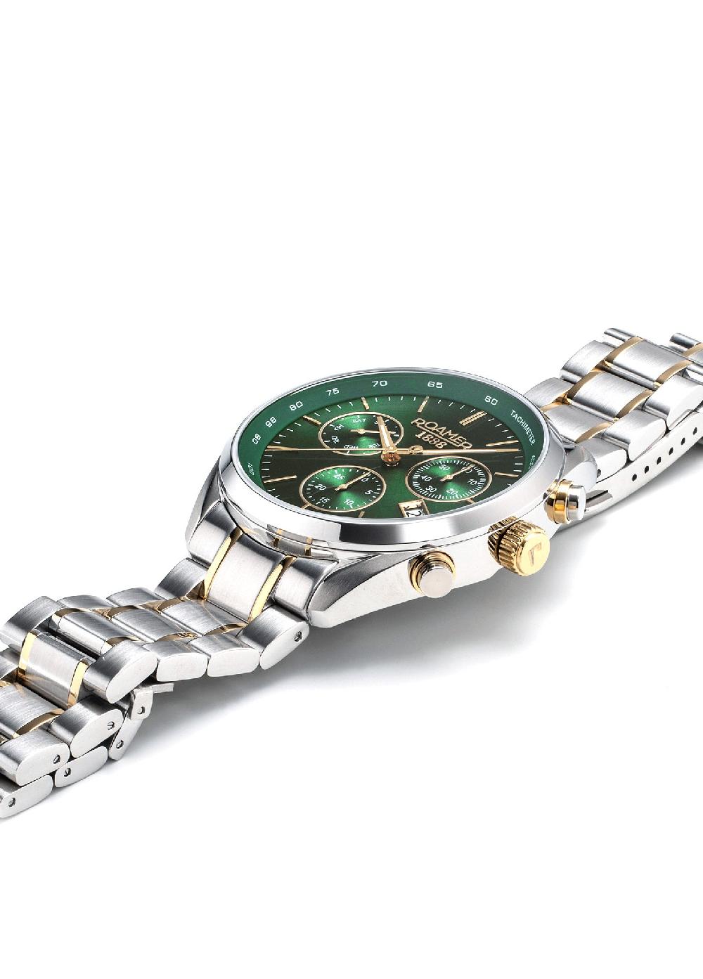 Roamer Pro Chrono 42mm Quartz Chronograph Date Green Sunray Dial Two-Tone Bracelet Sapphire Glass Stainless Steel Swiss Watch