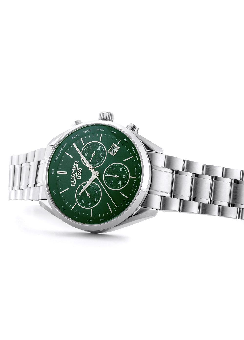 Roamer Pro Chrono 42mm Quartz Chronograph Date Green Sunray Dial Silver Bracelet Sapphire Glass Stainless Steel Swiss Watch