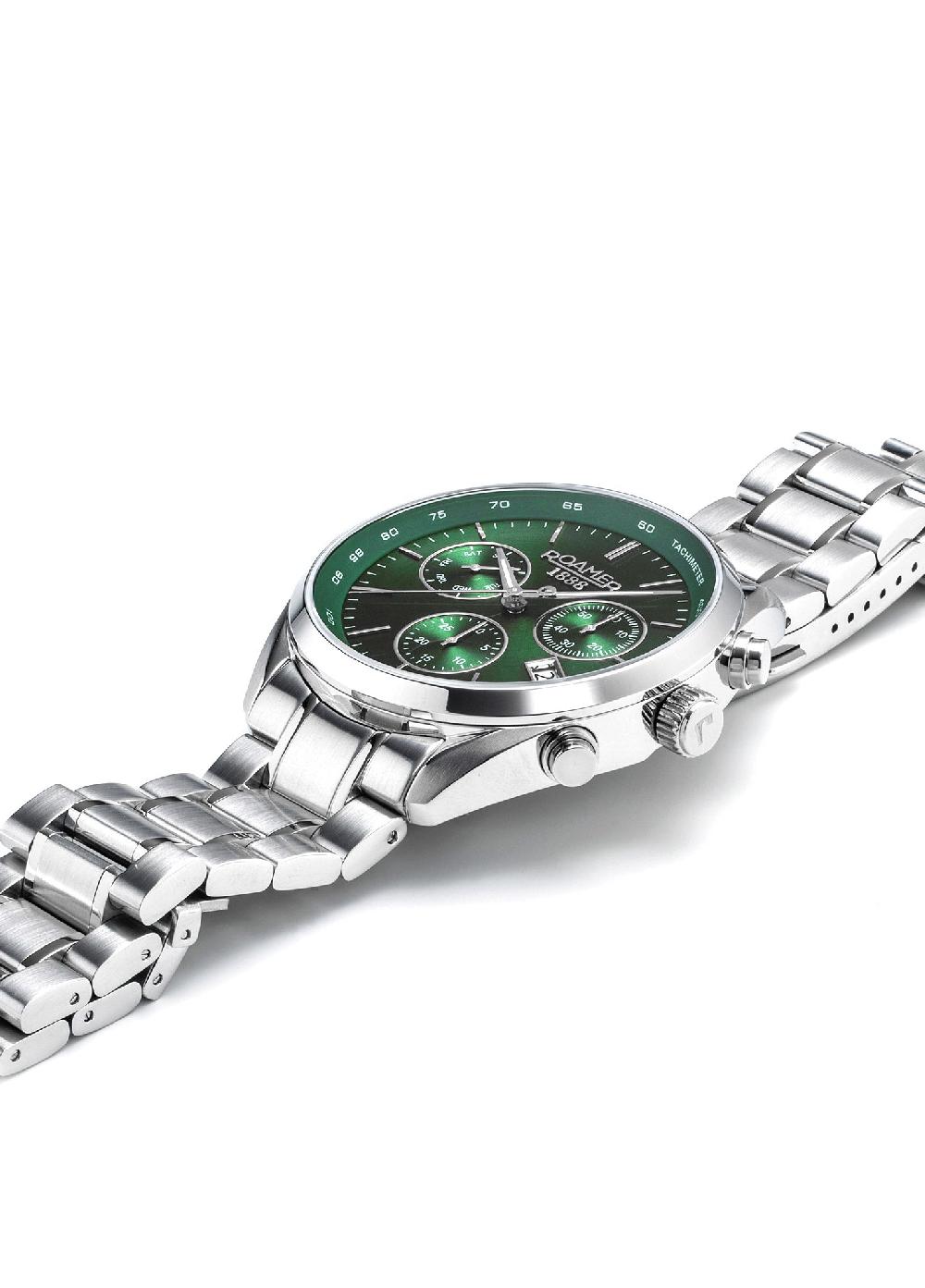 Roamer Pro Chrono 42mm Quartz Chronograph Date Green Sunray Dial Silver Bracelet Sapphire Glass Stainless Steel Swiss Watch