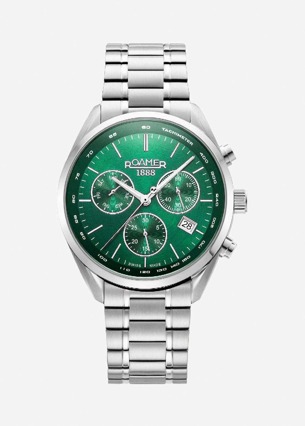 roamer Pro Chrono 42mm Quartz Chronograph Date Green Sunray Dial Silver Bracelet Sapphire glass Stainless Steel swiss watch