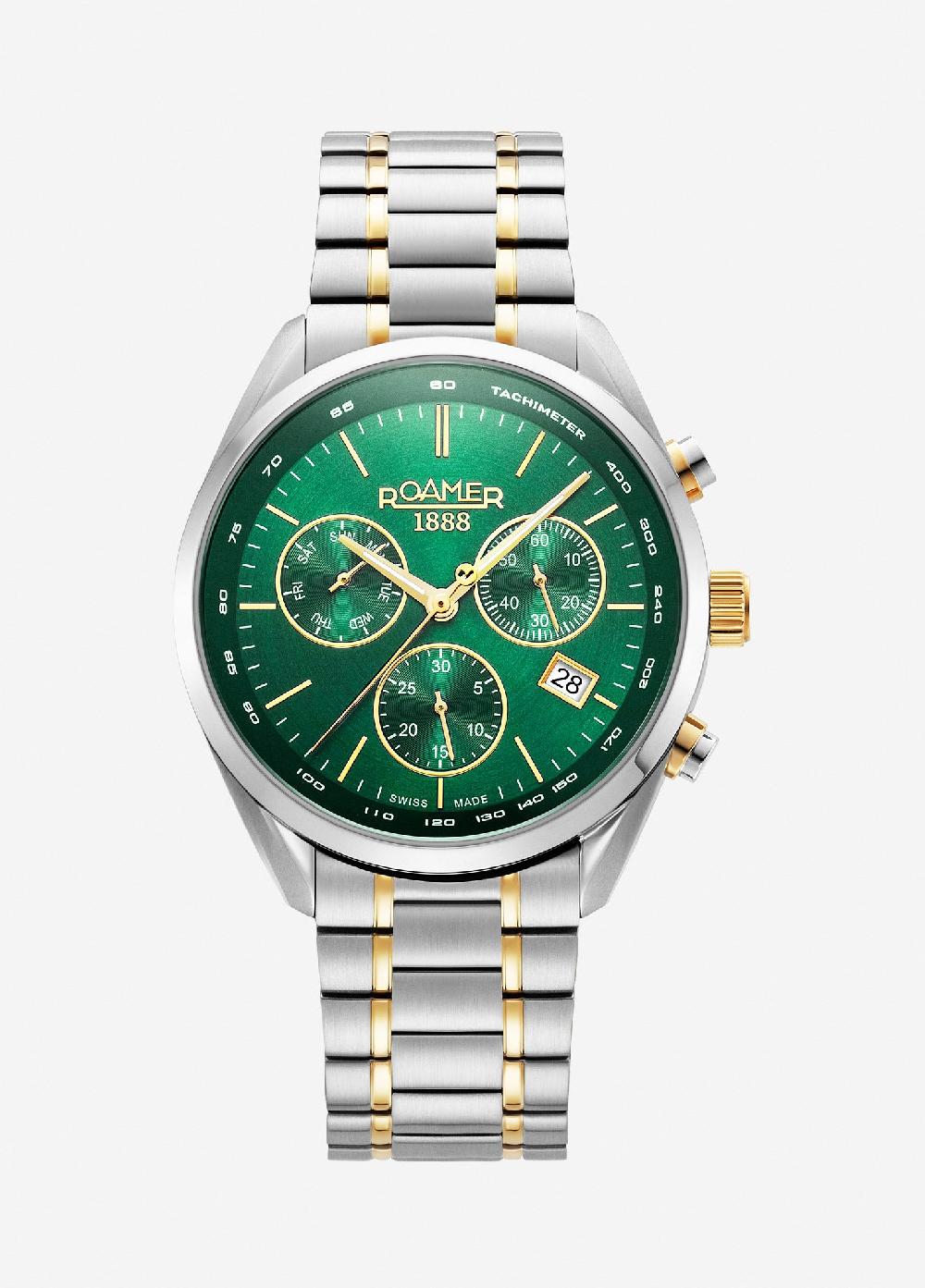 roamer Pro Chrono 42mm Quartz Chronograph Date Green Sunray Dial Two-Tone Bracelet Sapphire glass Stainless Steel swiss watch
