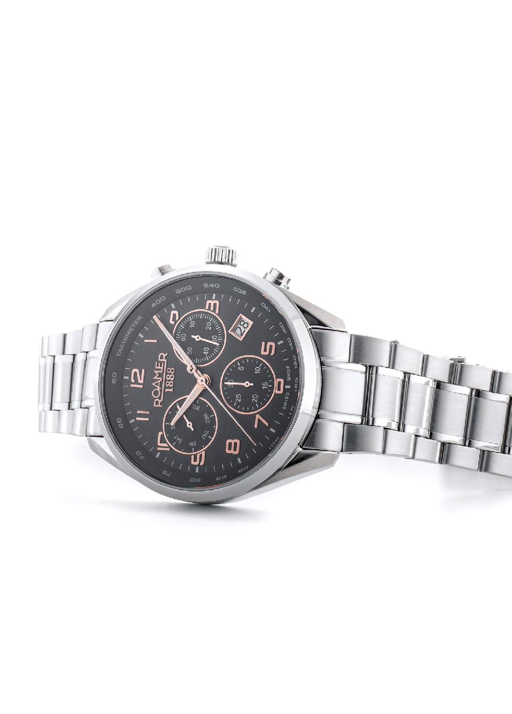 Roamer Pro Chrono 42mm Quartz Chronograph Date Grey Sunray Dial Silver Bracelet Sapphire Glass Stainless Steel Swiss Watch