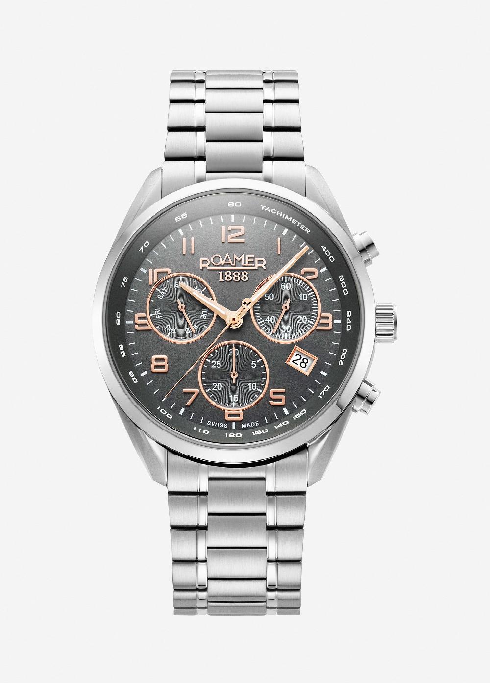 roamer Pro Chrono 42mm Quartz Chronograph Date Grey Sunray Dial Silver Bracelet Sapphire glass Stainless Steel swiss watch