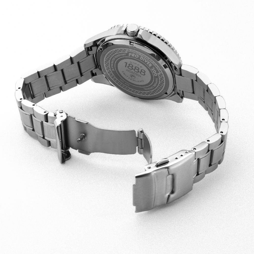 Roamer Pro Diver 200 43 Mm Quartz Three-Hand Date Black Gradient Dial Silver Bracelet Sapphire Glass Stainless Steel Swiss Watch