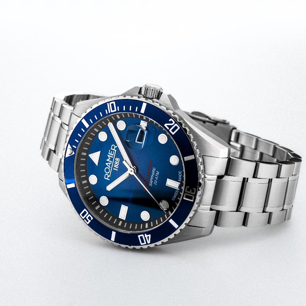 Roamer Pro Diver 200 43 Mm Quartz Three-Hand Date Blue Gradient Dial Silver Bracelet Sapphire Glass Stainless Steel Swiss Watch