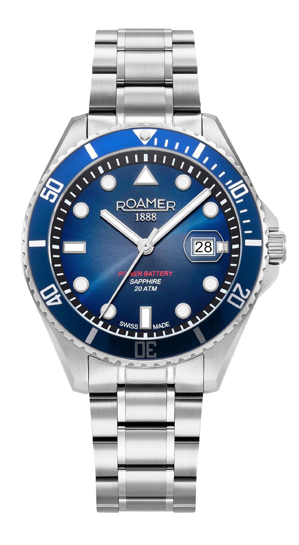 roamer Pro Diver 200 43 mm Quartz Three-Hand Date Blue Gradient Dial Silver Bracelet Sapphire glass Stainless Steel swiss watch