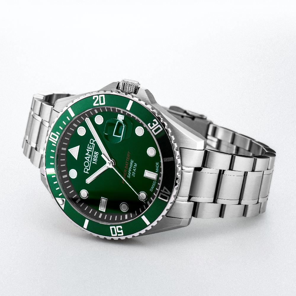 Roamer Pro Diver 200 43 Mm Quartz Three-Hand Date Green Gradient Dial Silver Bracelet Sapphire Glass Stainless Steel Swiss Watch