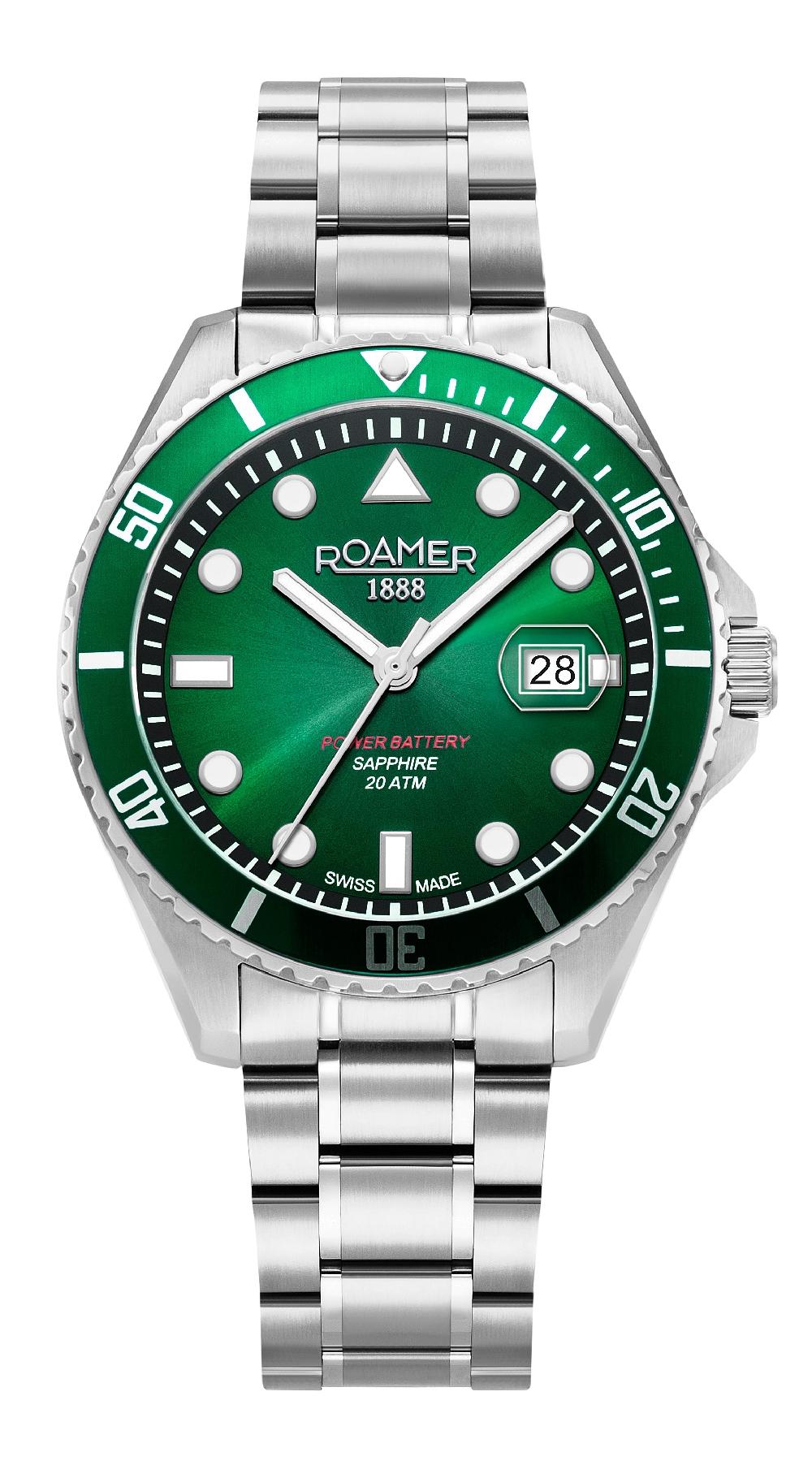 roamer Pro Diver 200 43 mm Quartz Three-Hand Date Green Gradient Dial Silver Bracelet Sapphire glass Stainless Steel swiss watch